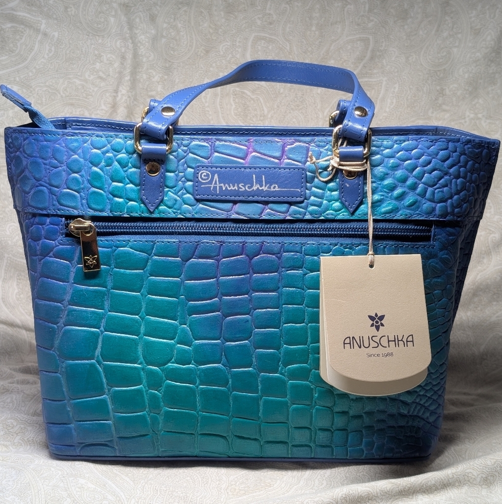 NWT Anuschka Teal, Blue, Purple Ombre Croc-Embossed Leather Tote